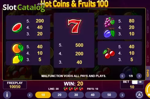 Οθόνη5. Hot Coins & Fruits 100 Κουλοχέρης