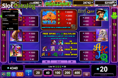 Οθόνη5. Circus Brilliant Egypt Quest Κουλοχέρης