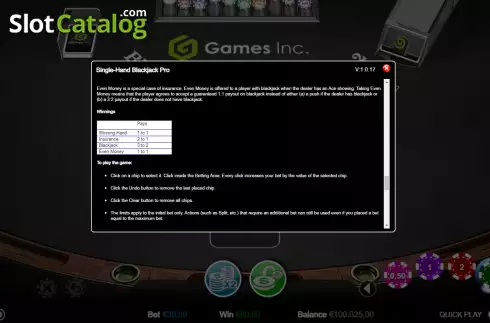 Οθόνη5. Single Hand Blackjack (Games Inc) Κουλοχέρης