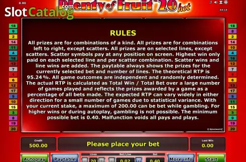Πίνακας πληρωμών 2. Plenty of Fruit 20 Hot Κουλοχέρης
