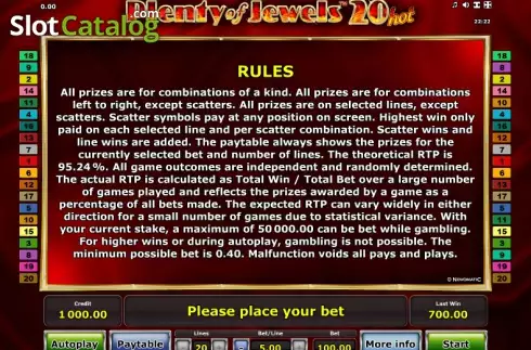 Πίνακας πληρωμών 2. Plenty of Jewels 20 Hot Κουλοχέρης