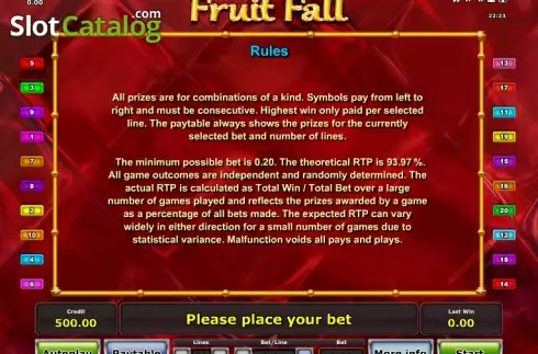 Πίνακας πληρωμών 2. Fruit Fall (Octavian Gaming) Κουλοχέρης