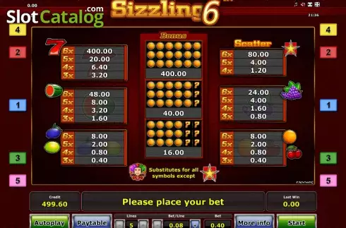 Πίνακας πληρωμών 1. Sizzling 6 Κουλοχέρης