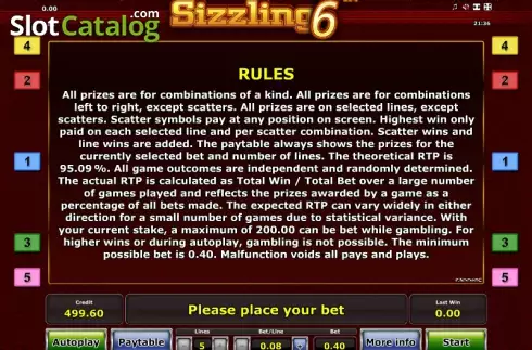 Πίνακας πληρωμών 3. Sizzling 6 Κουλοχέρης