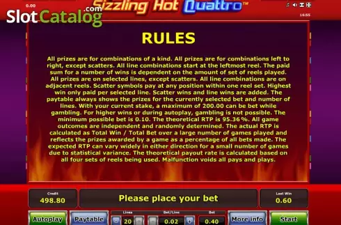 Πίνακας πληρωμών 2. Sizzling Hot Quattro Κουλοχέρης