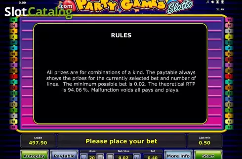 Πίνακας πληρωμών 3. Party Games Slotto Κουλοχέρης