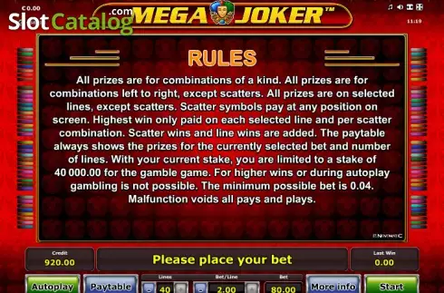 Πίνακας πληρωμών 2. Mega Joker (Novomatic) Κουλοχέρης