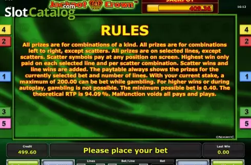 Πίνακας πληρωμών 3. Jackpot Crown Κουλοχέρης