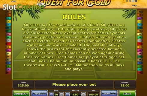 Πίνακας πληρωμών 2. Quest for Gold (Novomatic) Κουλοχέρης