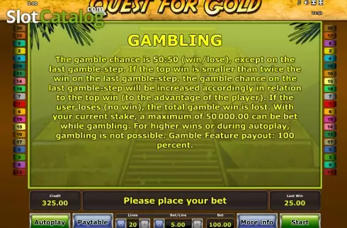 Πίνακας πληρωμών 3. Quest for Gold (Novomatic) Κουλοχέρης