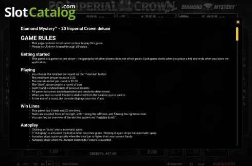 Οθόνη8. Diamond Mystery 20 Imperial Crown Deluxe Κουλοχέρης