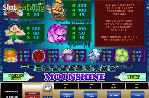 Πίνακας πληρωμών 2. Moonshine (Microgaming) Κουλοχέρης
