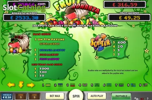 Πίνακας πληρωμών 1. Fruit Bonanza Κουλοχέρης