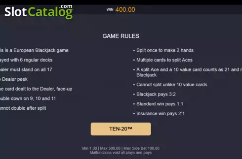 Οθόνη5. Classic Blackjack with Ten-20 Κουλοχέρης
