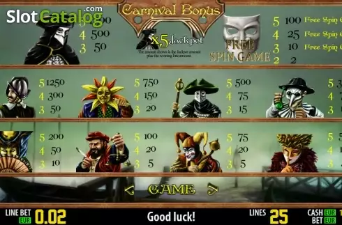 Πίνακας πληρωμών 1. Carnival Bonus HD Κουλοχέρης