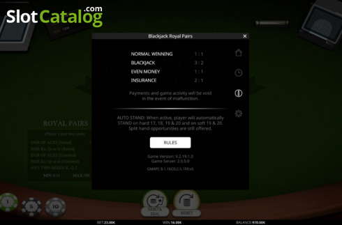 Οθόνη7. Blackjack Royal Pairs Κουλοχέρης